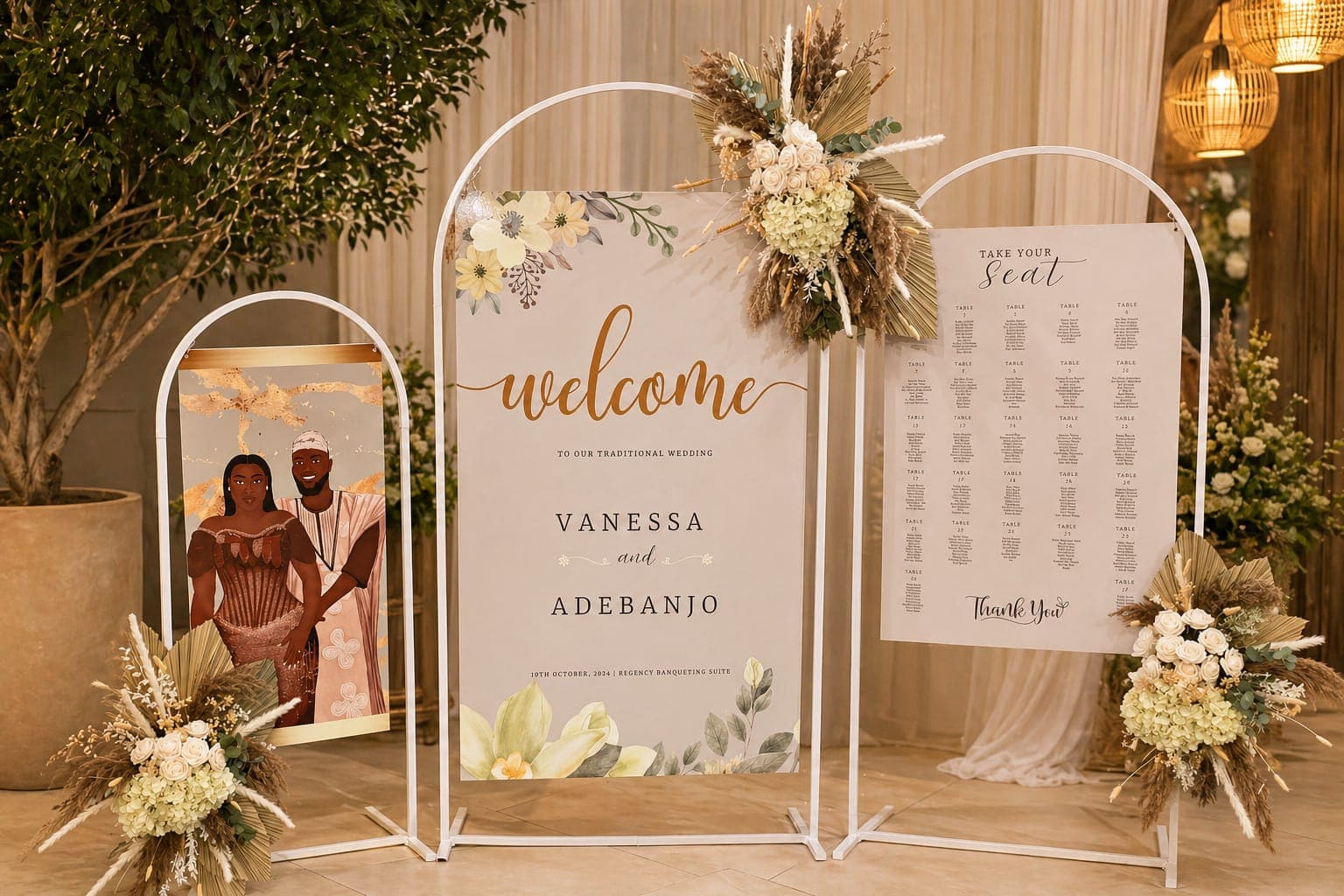Welcome sign and florals